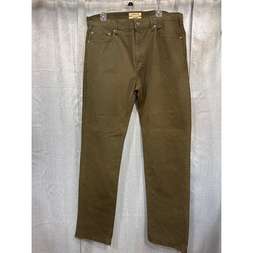 Orvis Mens Five Pocket Straight Leg Pants Olive Green 38x34 Stretch Twill Rugged